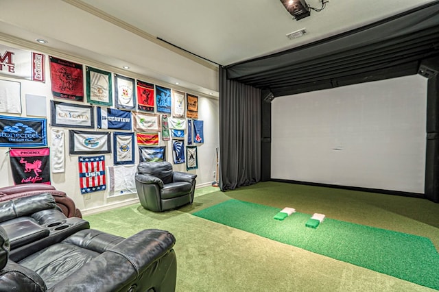 recreation room featuring carpet flooring, golf simulator, and crown molding