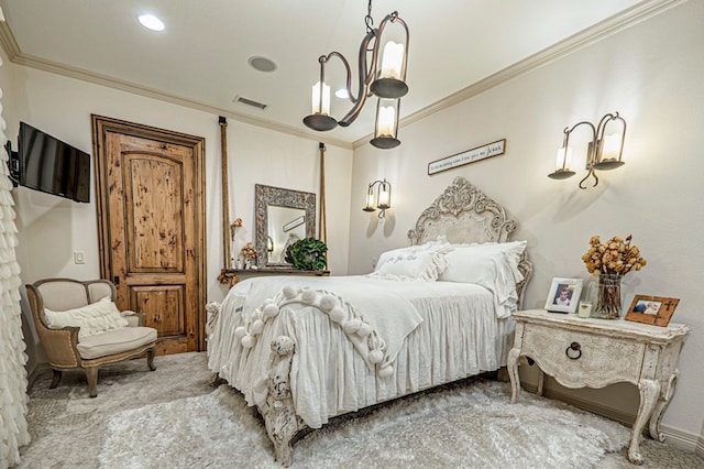 bedroom featuring light carpet, crown molding, and an inviting chandelier