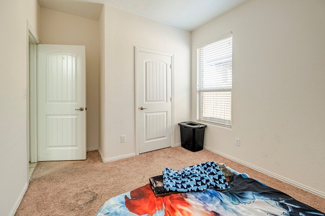 bedroom featuring light colored carpet