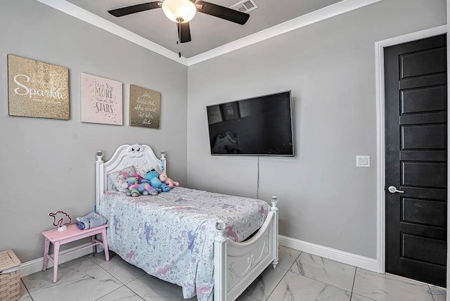 bedroom with ornamental molding and ceiling fan