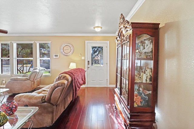 living room with crown molding and dark hardwood / wood-style flooring