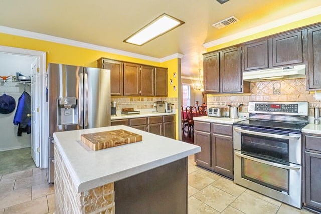 kitchen featuring decorative backsplash, a center island, stainless steel appliances, and ornamental molding