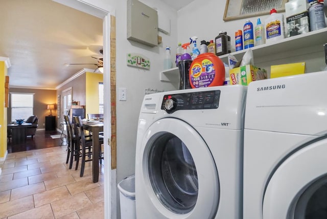 laundry room with independent washer and dryer, light tile patterned floors, ceiling fan, and crown molding