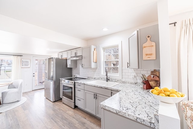 kitchen with tasteful backsplash, sink, gray cabinetry, light hardwood / wood-style floors, and stainless steel appliances