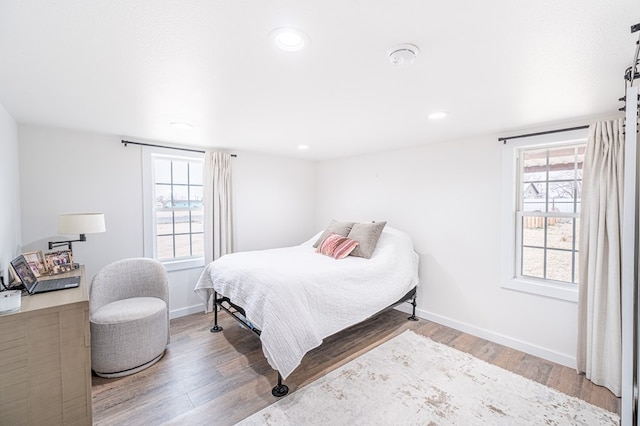 bedroom with multiple windows and hardwood / wood-style flooring