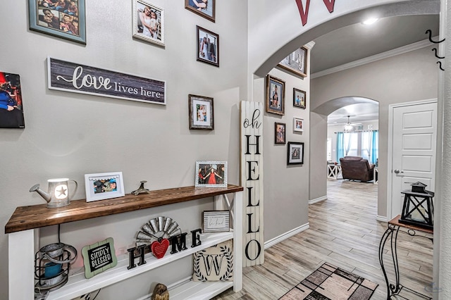 corridor featuring crown molding and light hardwood / wood-style floors