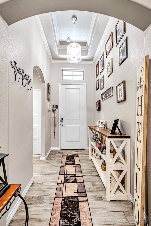 foyer entrance with ornamental molding, a tray ceiling, and light hardwood / wood-style floors