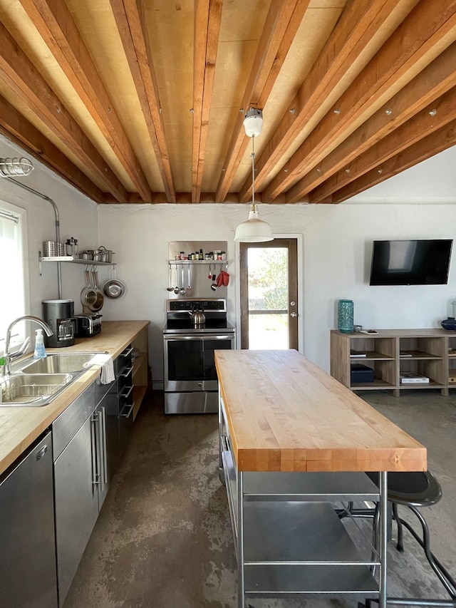 kitchen featuring wood counters, appliances with stainless steel finishes, decorative light fixtures, and sink