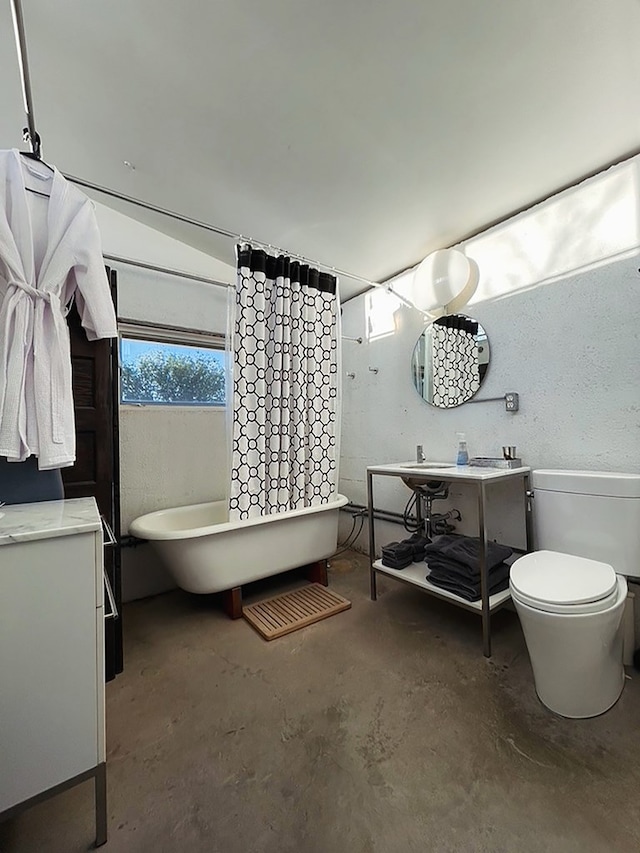 bathroom with a washtub, vanity, concrete floors, and toilet