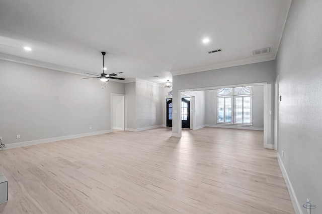 unfurnished living room featuring ceiling fan, light wood-type flooring, and ornamental molding