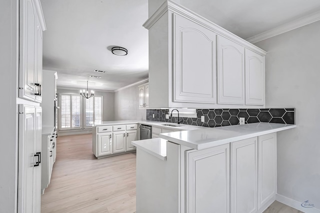 kitchen featuring white cabinets, dishwasher, kitchen peninsula, and backsplash