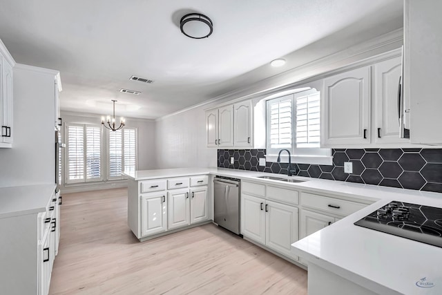 kitchen featuring kitchen peninsula, white cabinetry, dishwasher, and sink