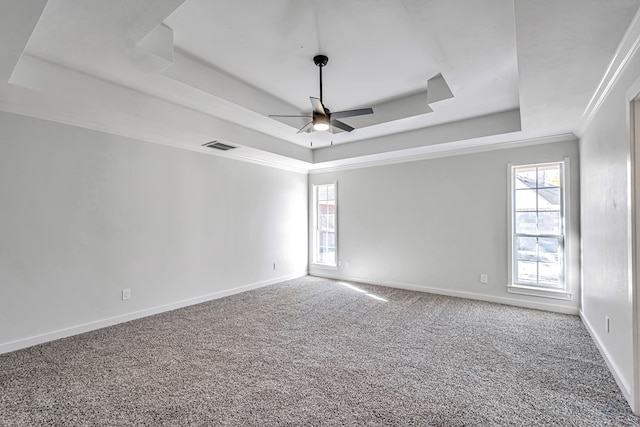 empty room with a raised ceiling, carpet, a healthy amount of sunlight, and ornamental molding