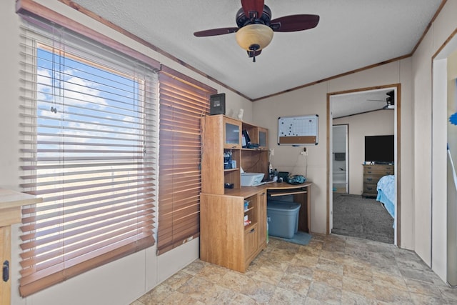 home office featuring a wealth of natural light, ornamental molding, and vaulted ceiling