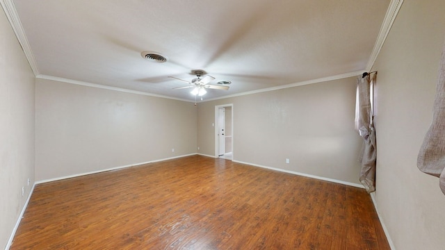 unfurnished room with dark hardwood / wood-style floors, ceiling fan, ornamental molding, and a textured ceiling