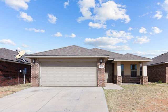 view of front facade featuring brick siding, an attached garage, concrete driveway, and a shingled roof