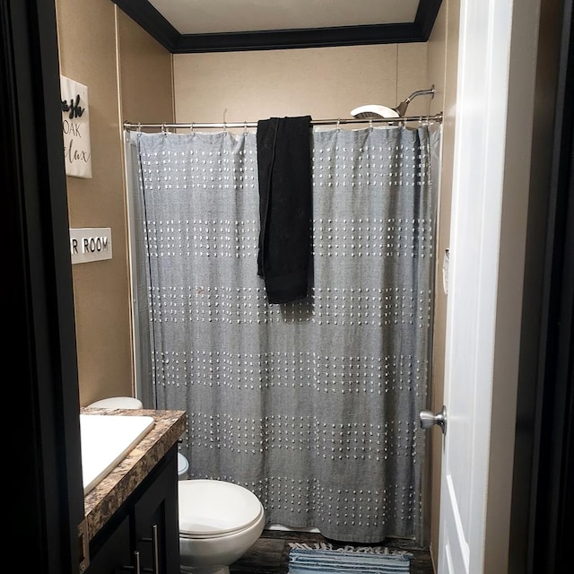 bathroom featuring vanity, ornamental molding, toilet, and a shower with shower curtain