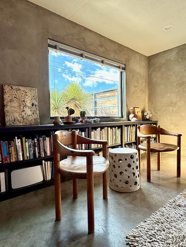 sitting room with concrete flooring, a textured ceiling, and a wealth of natural light