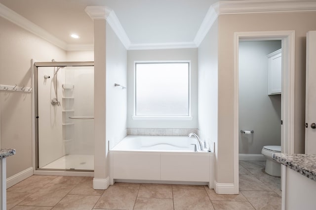 full bathroom featuring crown molding, vanity, tile patterned floors, independent shower and bath, and toilet