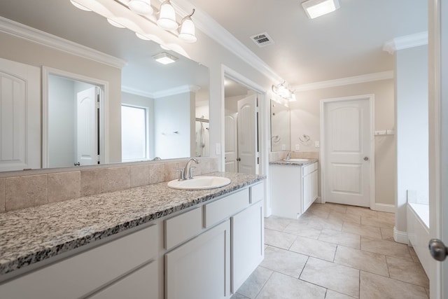 bathroom with crown molding, vanity, independent shower and bath, and tile patterned flooring