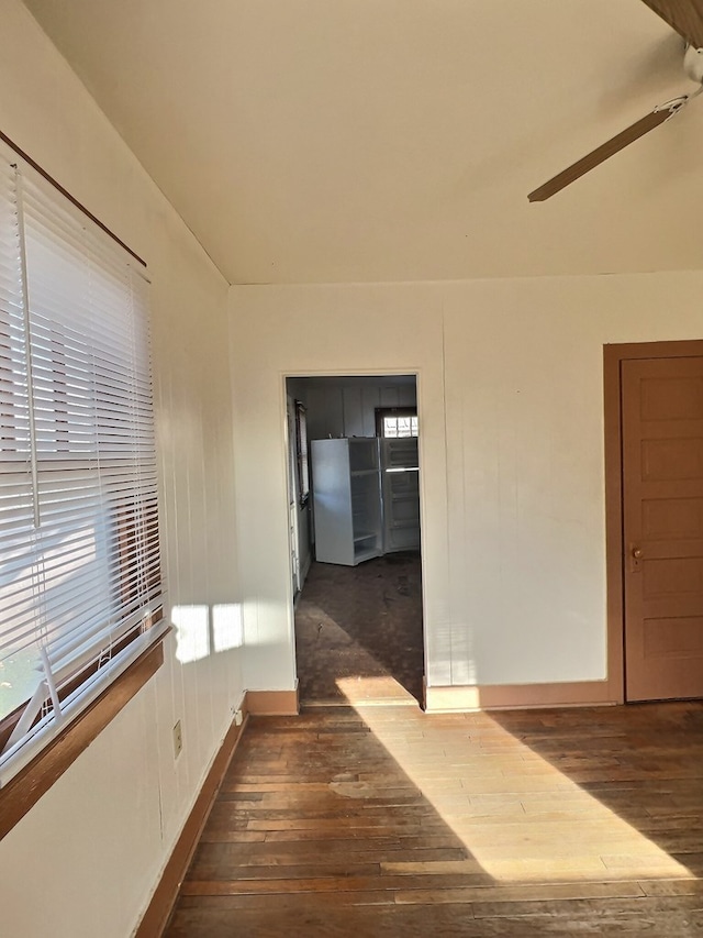 spare room with ceiling fan and dark hardwood / wood-style flooring