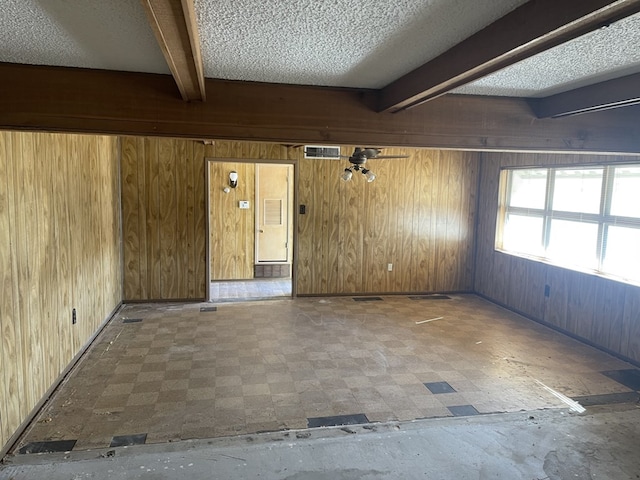 empty room featuring a textured ceiling, beam ceiling, and wood walls