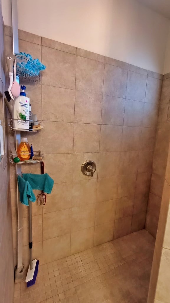 bathroom featuring tiled shower and tile patterned flooring