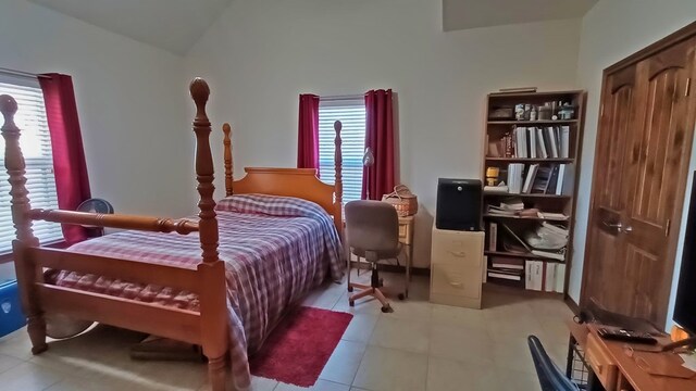 bedroom featuring lofted ceiling