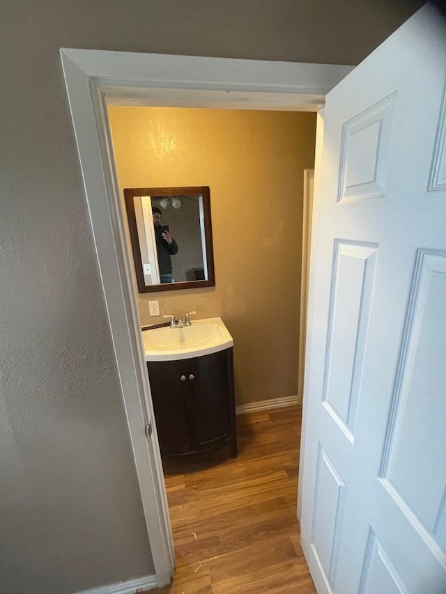 bathroom featuring vanity and wood-type flooring