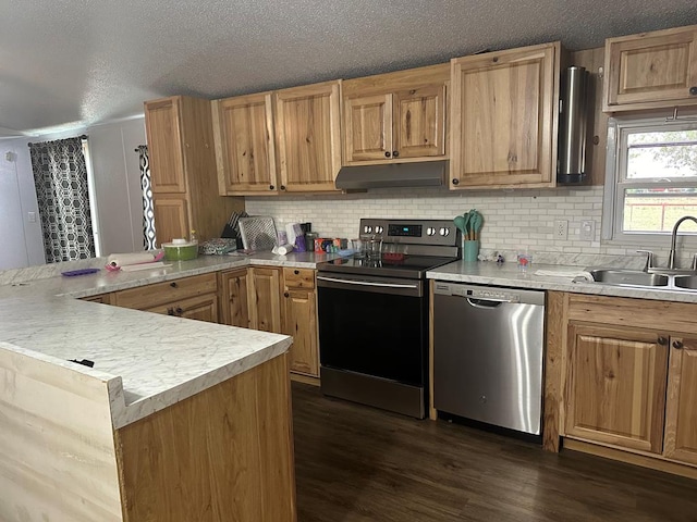 kitchen with kitchen peninsula, tasteful backsplash, stainless steel appliances, dark wood-type flooring, and sink