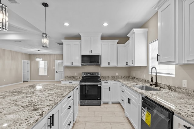 kitchen featuring range with electric stovetop, pendant lighting, dishwasher, white cabinetry, and sink