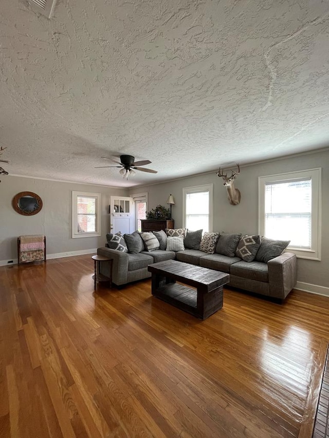 unfurnished living room with a wealth of natural light, wood-type flooring, and a textured ceiling