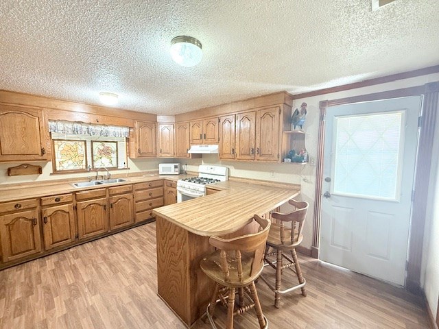 kitchen featuring a kitchen bar, a sink, under cabinet range hood, white appliances, and light countertops