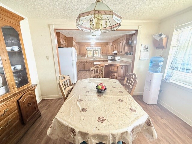 dining area featuring light wood-style flooring, a textured ceiling, and crown molding