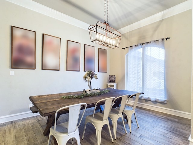 dining space featuring dark hardwood / wood-style floors and ornamental molding