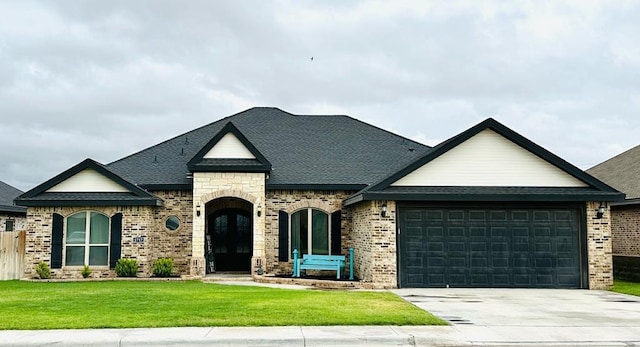 view of front of property with french doors, a garage, and a front lawn