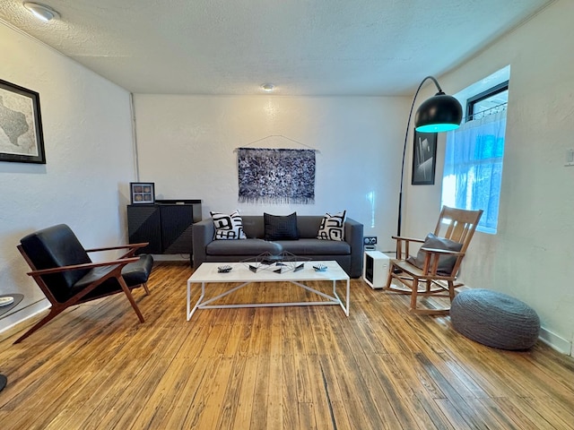 living room featuring wood-type flooring and a textured ceiling