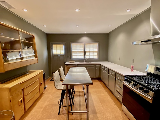 kitchen featuring light carpet, exhaust hood, gray cabinets, and stainless steel range with gas stovetop