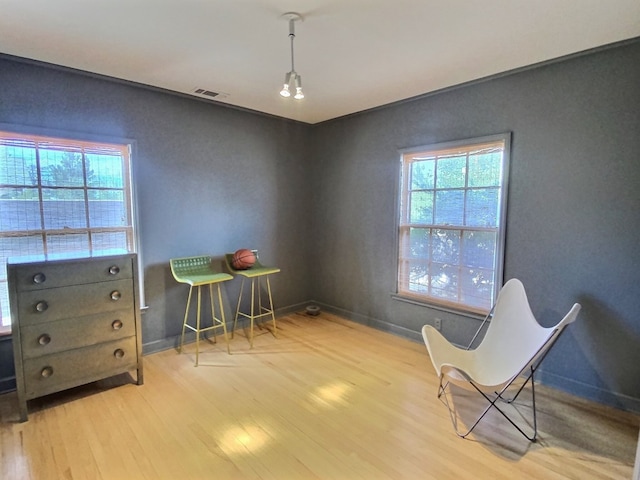 living area featuring plenty of natural light and light hardwood / wood-style floors