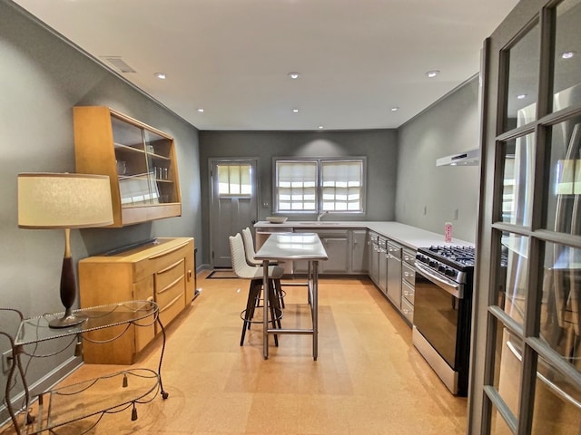 kitchen featuring a kitchen breakfast bar, stainless steel appliances, gray cabinetry, and ventilation hood