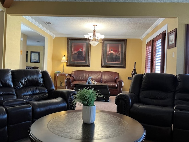 carpeted living room featuring visible vents, a textured ceiling, crown molding, and an inviting chandelier