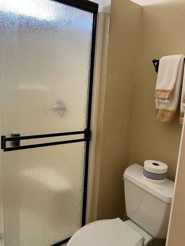 bathroom with toilet and a stall shower