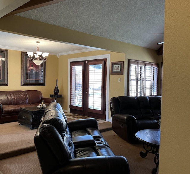 living area featuring a notable chandelier, carpet, ornamental molding, and a textured ceiling