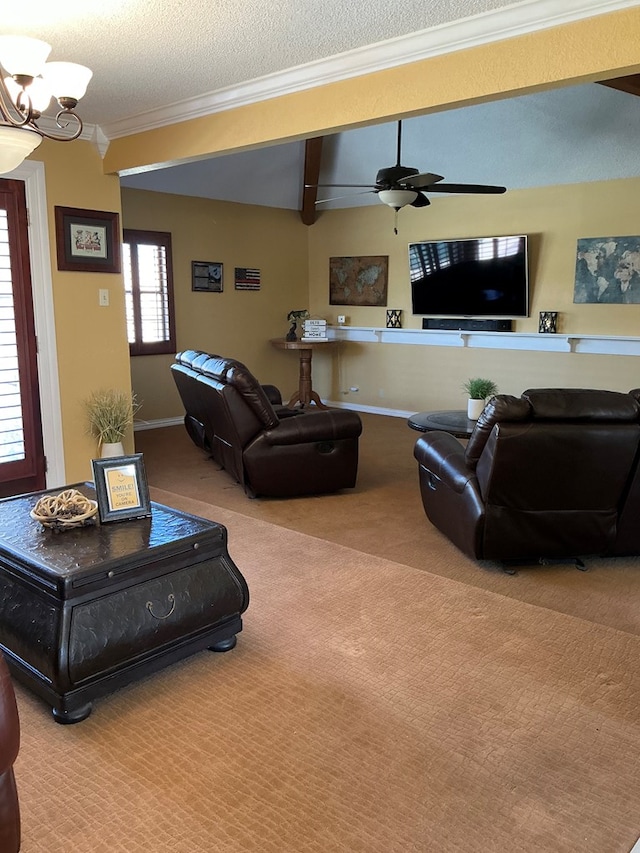 living area with baseboards, ornamental molding, a textured ceiling, carpet flooring, and ceiling fan with notable chandelier