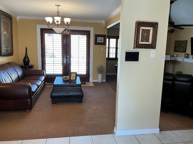 living room with light tile patterned floors, light colored carpet, crown molding, and baseboards