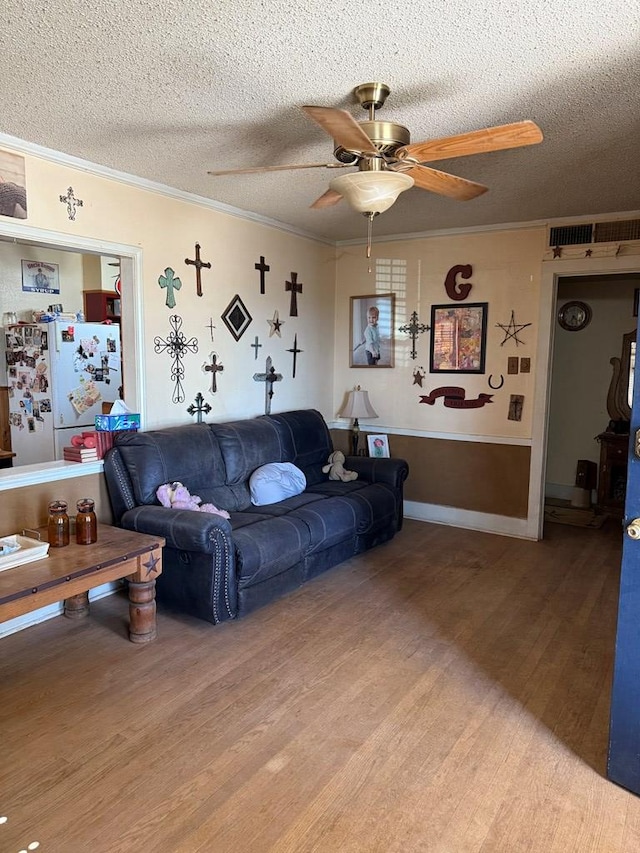 711 24th St, Crane, TX 79731 - living room with crown molding, wood finished floors, ceiling fan, and a textured ceiling