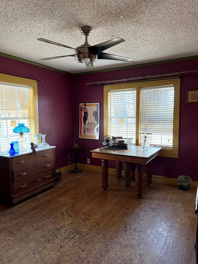 711 24th St, Crane, TX 79731 - office area featuring ceiling fan, hardwood / wood-style flooring, a textured ceiling, and baseboards