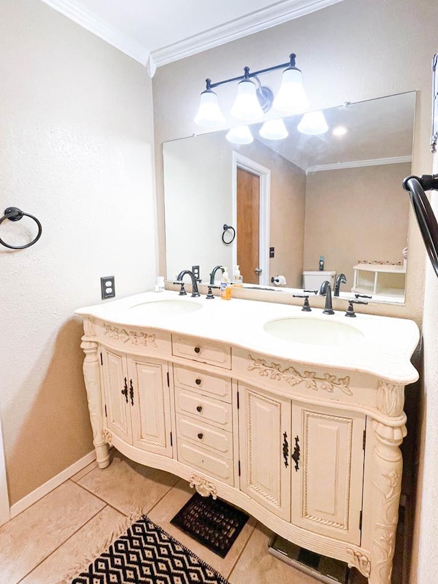 bathroom featuring tile patterned floors, ornamental molding, double vanity, and a sink