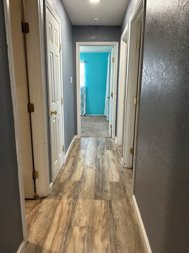 hall with baseboards, a textured wall, and hardwood / wood-style floors