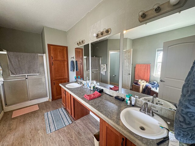 1500 Rancho Rd, Presidio, TX 79845 - bathroom featuring wood finished floors, a stall shower, double vanity, and a textured ceiling